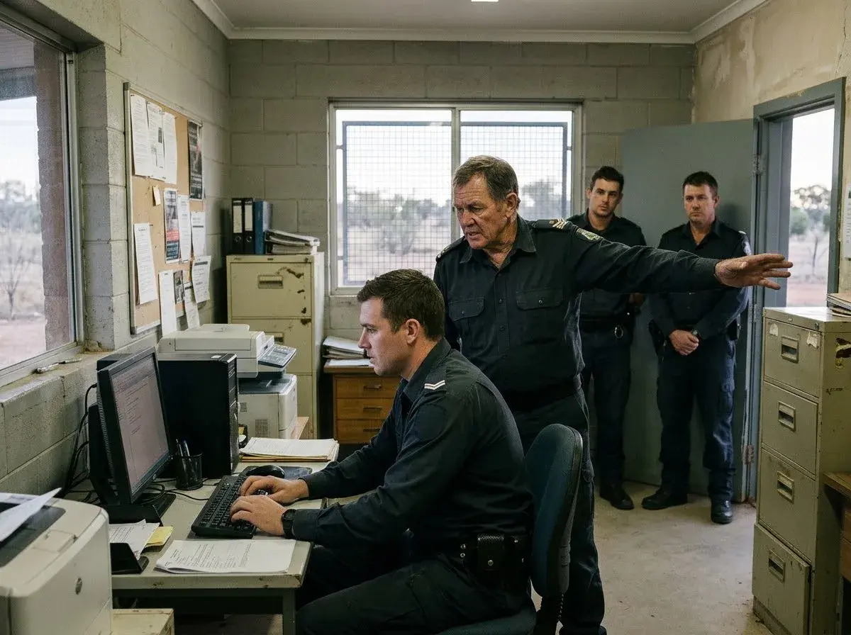 A prison officer keeps typing at a reception computer while a senior officer stands over him directing him to his duties.
