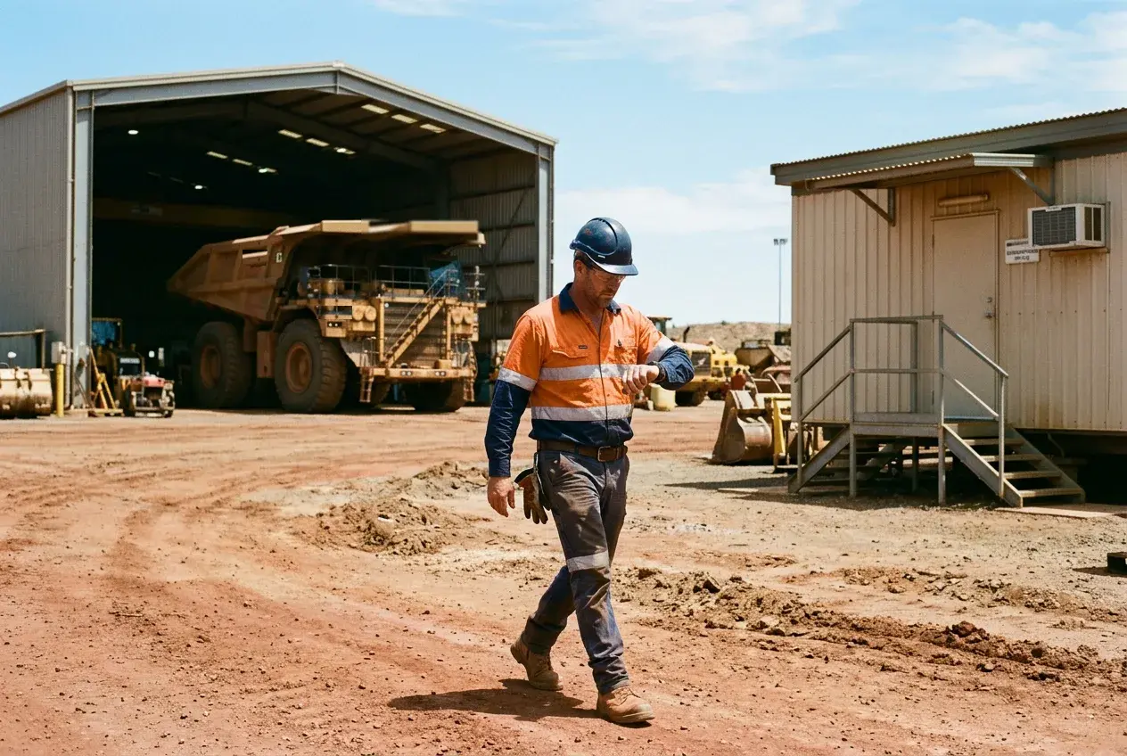 A mine truck driver walks across a dusty haulage yard towards the site office, glancing at his smartwatch.