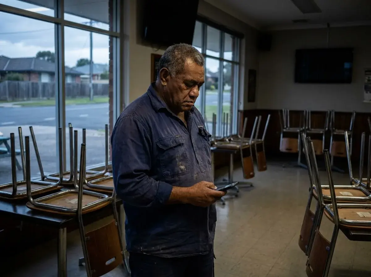 A hotel worker standing alone in an empty bar after closing, phone in hand.